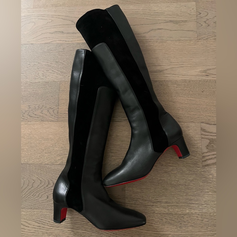 Louboutin Black Leather Suede Knee Stretch Boots Beligna Sz 37